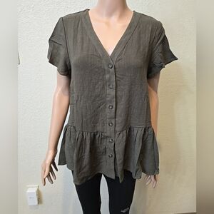 Love Sadie Green  Button Front Peplum Shirt Medium